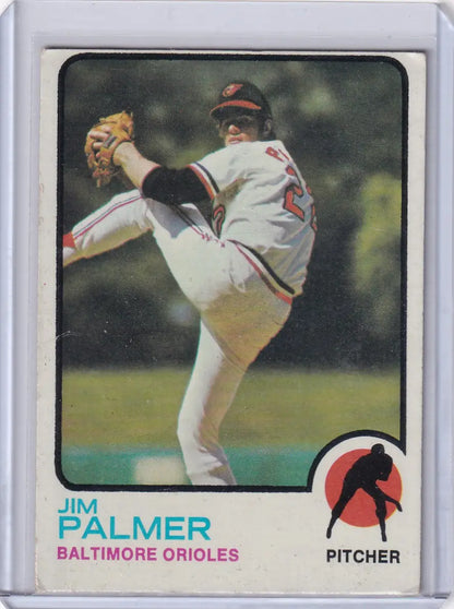 Vintage Jim Palmer baseball card in Baltimore Orioles uniform from 1973 Topps Baseball