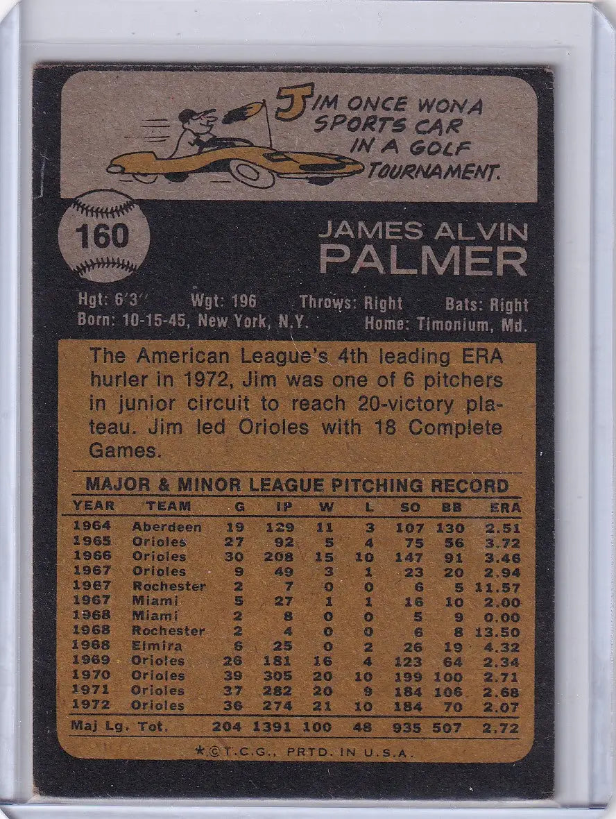 Vintage Topps Baseball card of Jim Palmer from Baltimore Orioles 1973 Topps #160