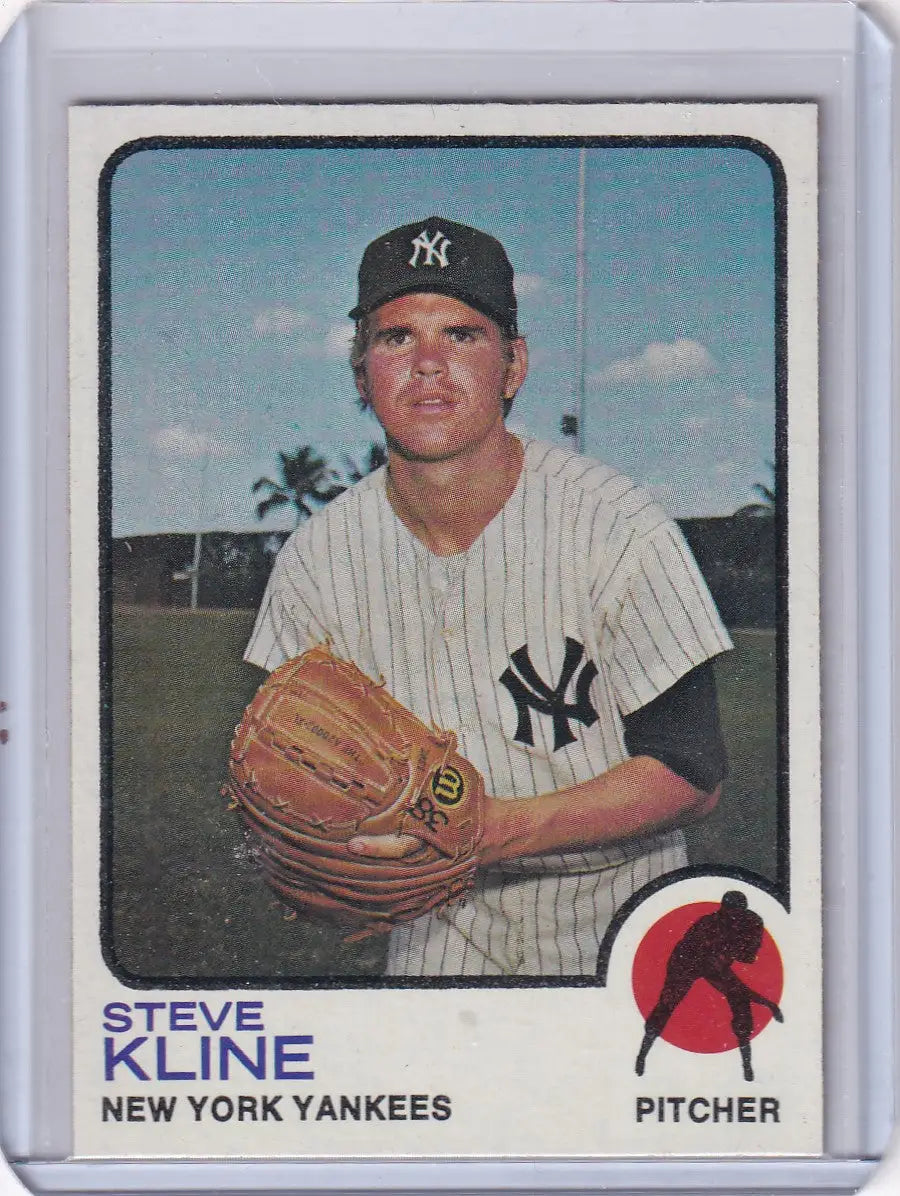 1973 Topps Baseball #172 Steve Kline card featuring the York Yankees logo