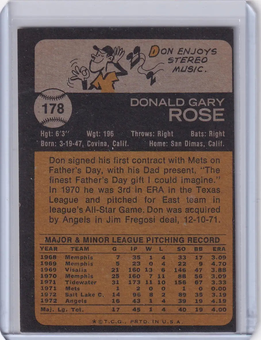 Back of 1973 Topps Baseball #178 Don Rose California Angels RC card showcasing details