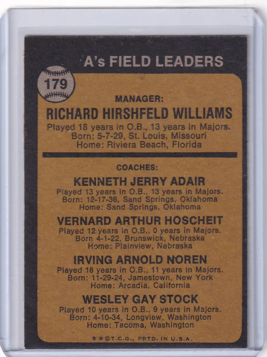1973 Topps Baseball #179 Dick Williams - Oakland Athletics
