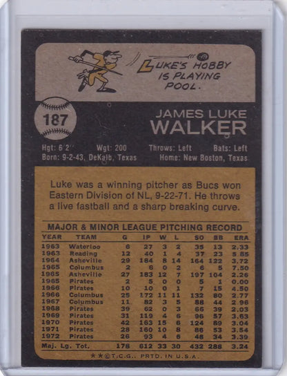 Vintage 1973 Topps Baseball card of Luke Walker from the Pittsburgh Pirates team