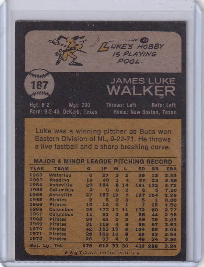 Vintage 1973 Topps Baseball card of Luke Walker from the Pittsburgh Pirates team