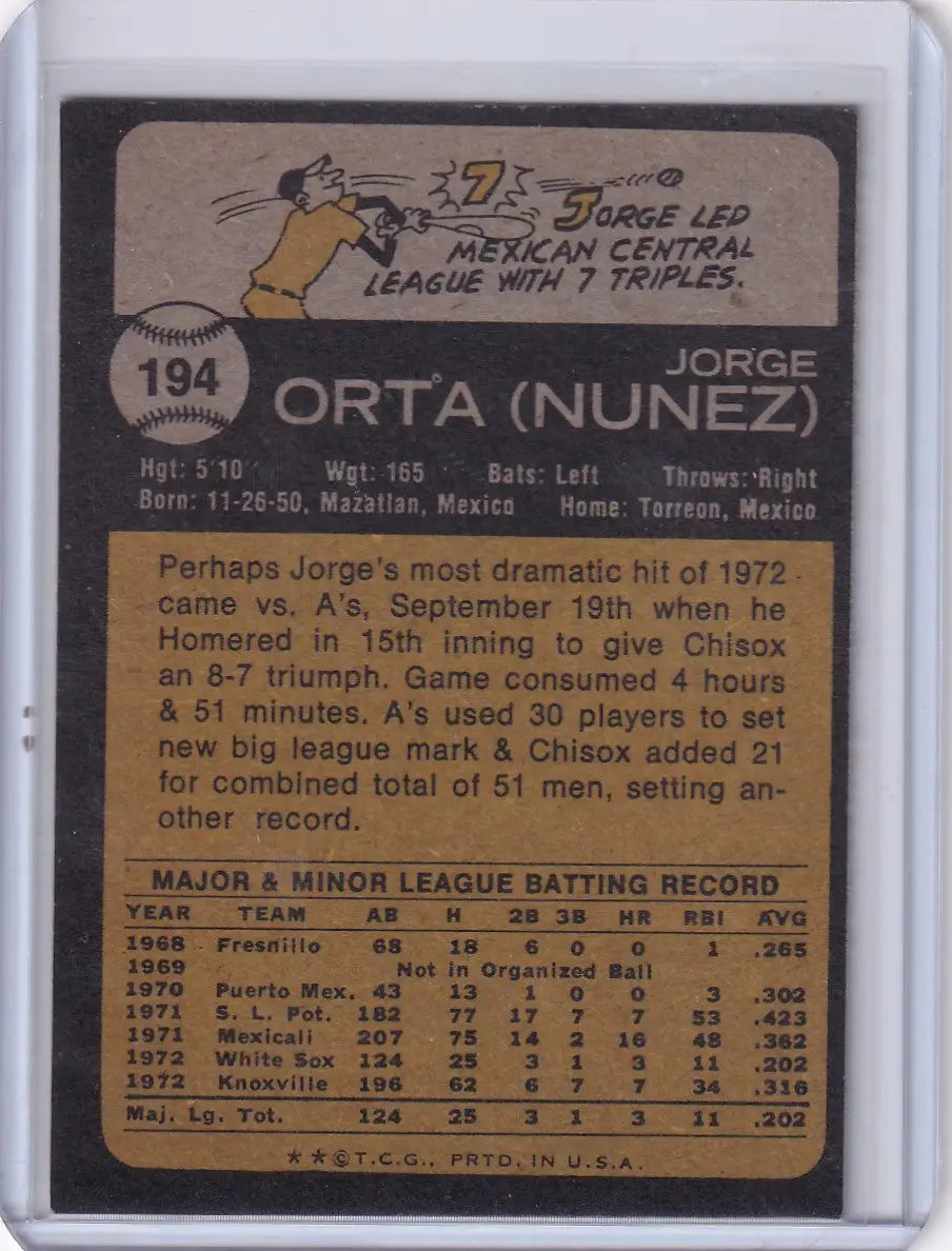 Back of 1973 Topps Baseball #194 Jorge Orta Chicago White Sox rookie card