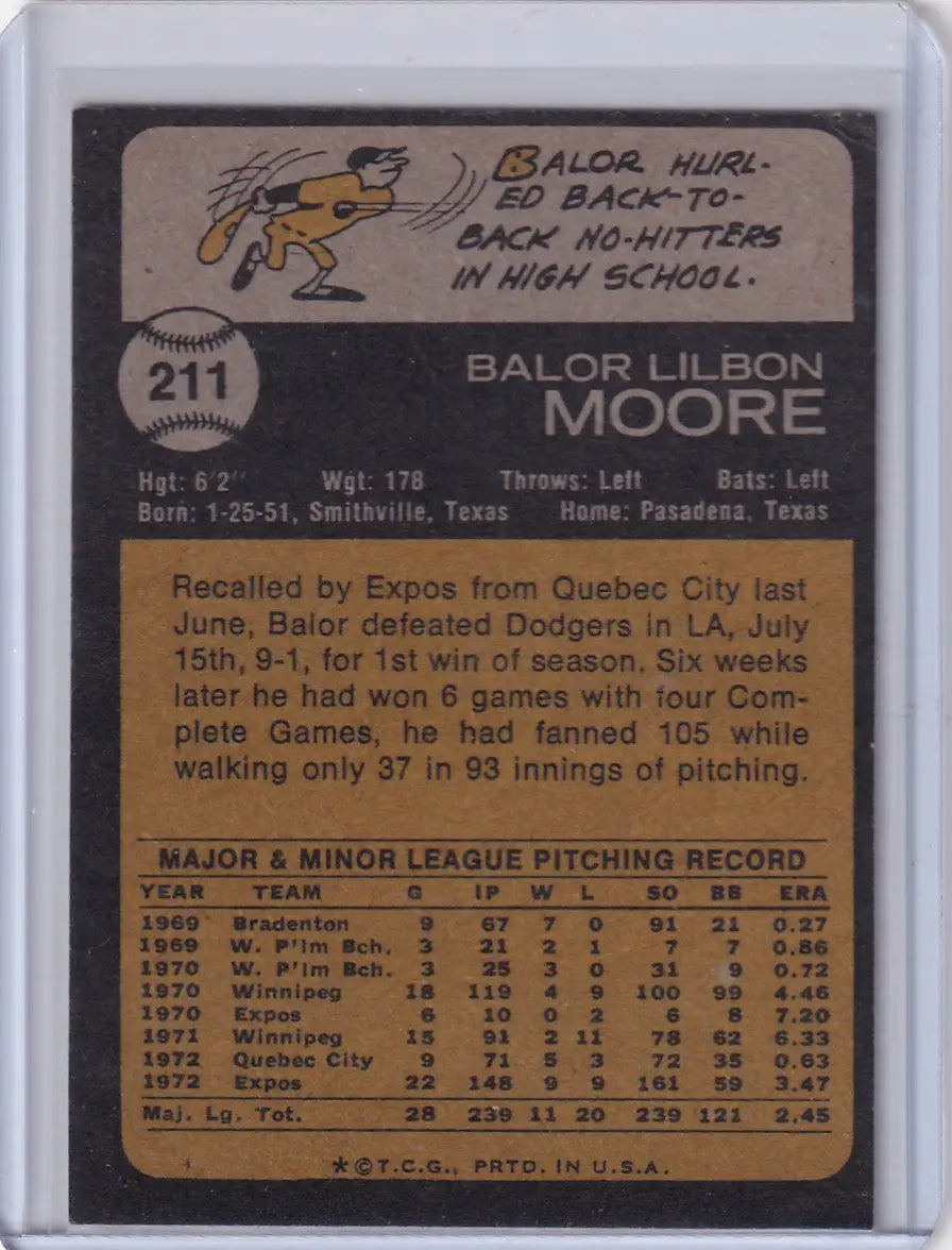 Vintage 1973 Topps Baseball card featuring Balor Moore of Montreal Expos