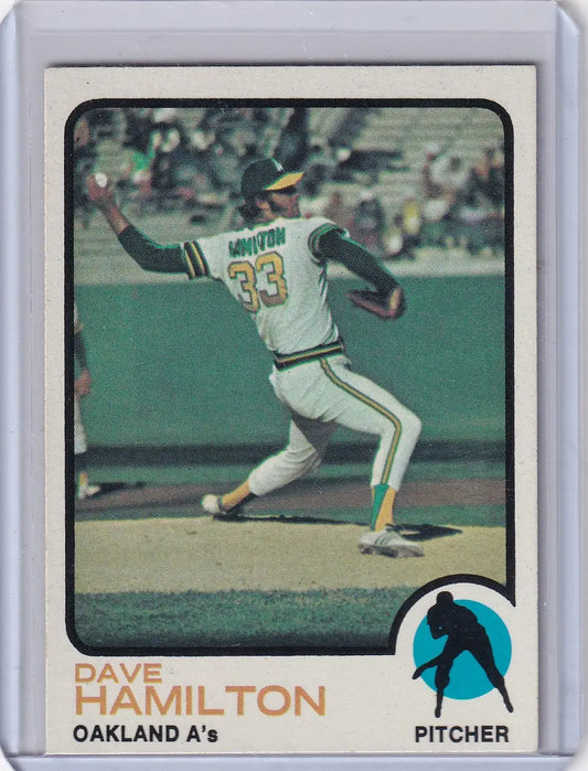 1973 Topps Baseball #214 Dave Hamilton Oakland Athletics rookie card displayed