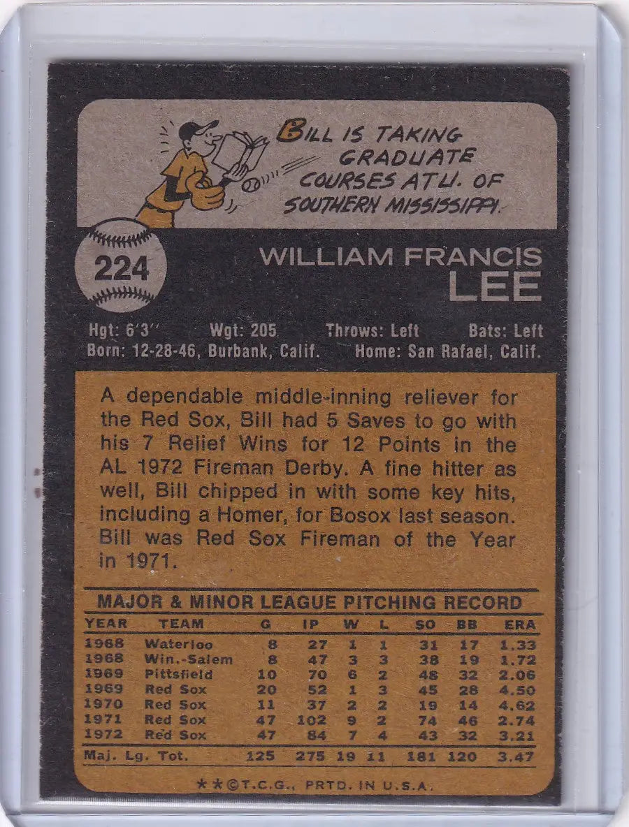 Vintage 1973 Topps Baseball card of Bill Lee from the Boston Red Sox