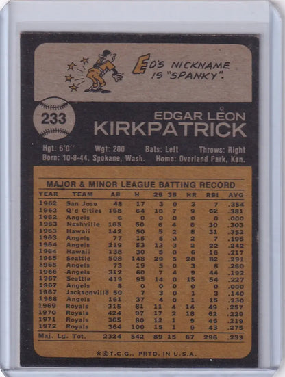 Vintage 1973 Topps Baseball card of Ed Kirkpatrick from the Kansas City Royals