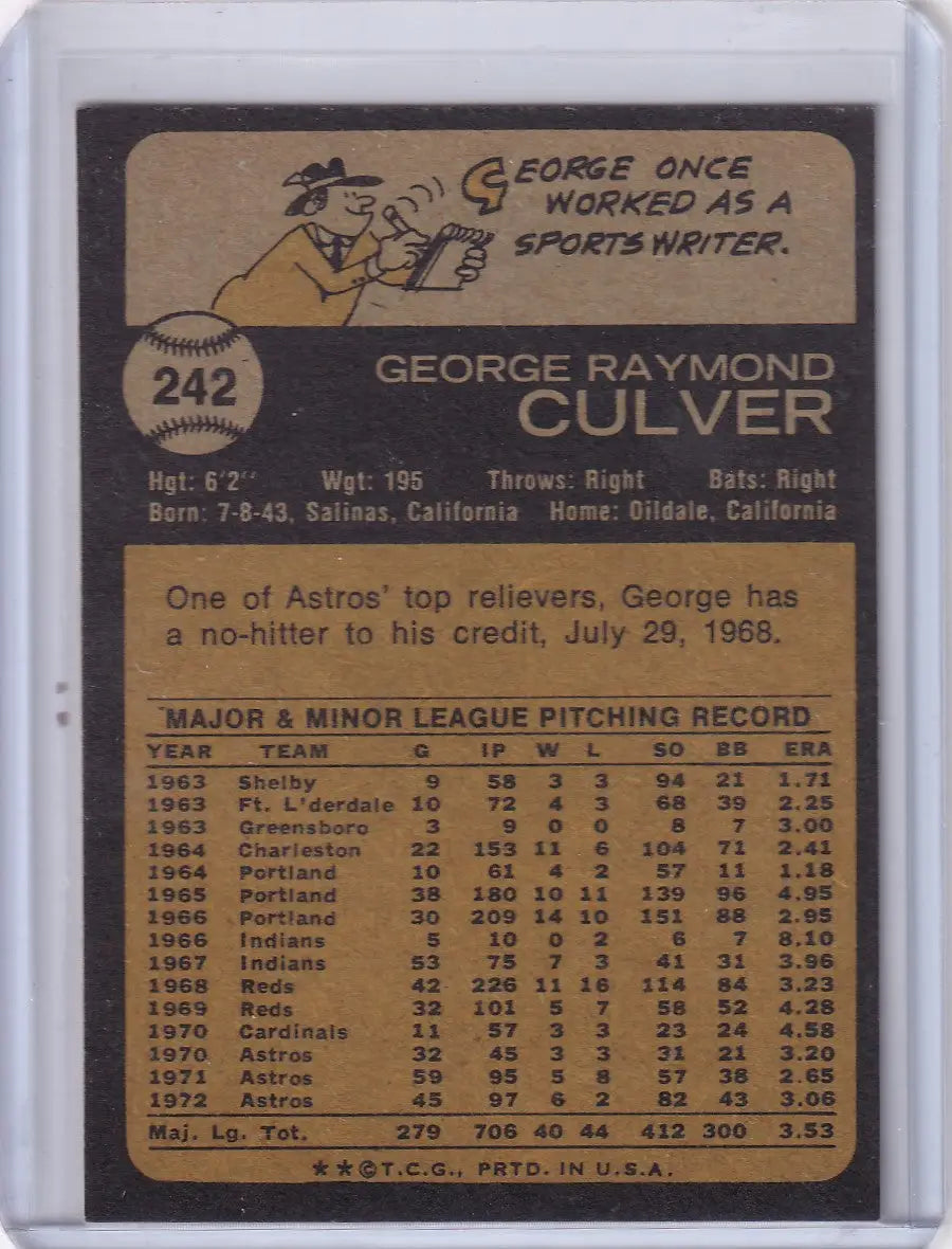 1973 Topps Baseball #242 George Culver card showcasing Houston Astros player