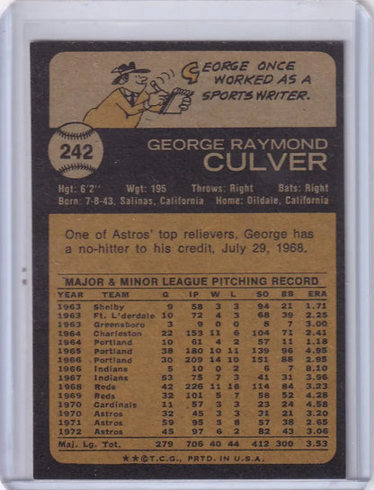 1973 Topps Baseball #242 George Culver card showcasing Houston Astros player