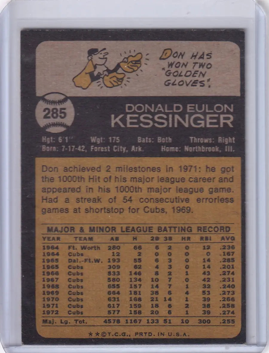Back of 1973 Topps Baseball card featuring Don Kessinger of the Chicago Cubs