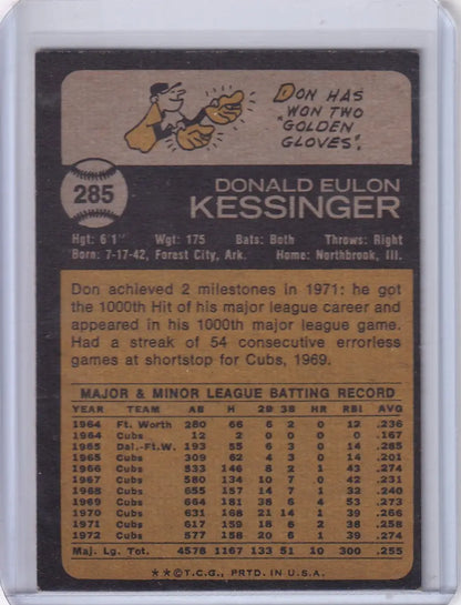 Back of 1973 Topps Baseball card featuring Don Kessinger of the Chicago Cubs