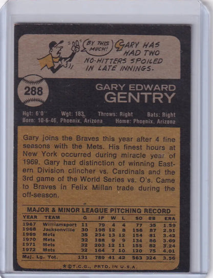 1973 Topps Baseball #288 Gary Gentry card featuring Atlanta Braves graphics and design
