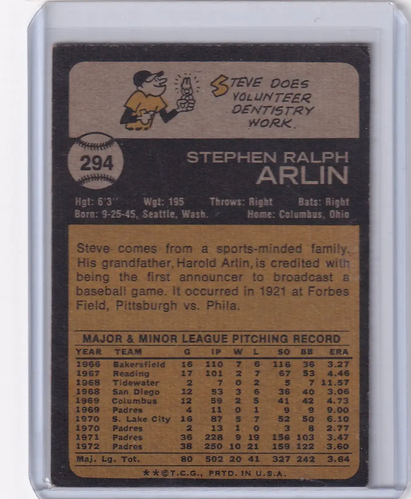 Back of 1973 Topps Baseball #294 Steve Arlin card featuring San Diego Padres details