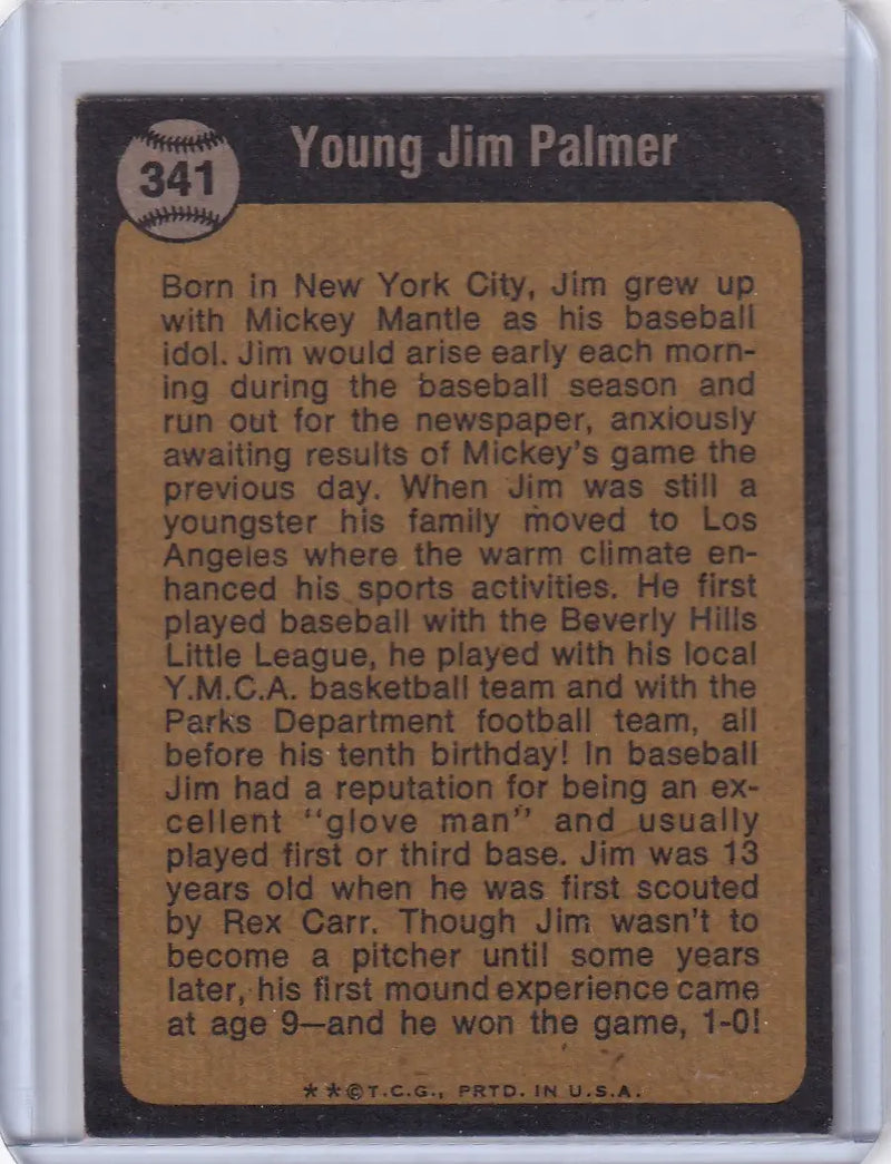 Young Jim Palmer baseball card from 1973 Topps Baseball series featuring Baltimore Orioles