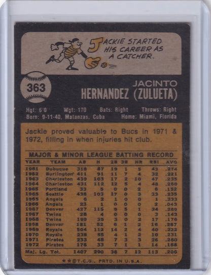 Vintage Topps Baseball card of Jackie Hernandez with Pittsburgh Pirates, 1973 Topps #363