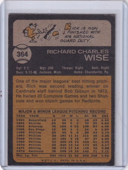 Vintage baseball card back featuring Rick Wise of the St. Louis Cardinals from Topps Baseball 1973
