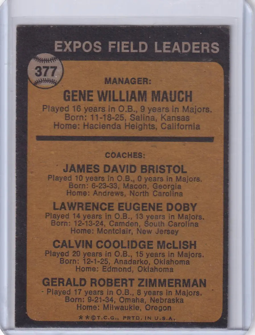 Vintage baseball card of Gene Mauch as Montreal Expos coach from Topps Baseball 1973