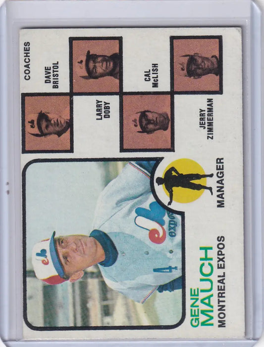 Vintage 1973 Topps Baseball card of Gene Mauch, Montreal Expos coaches collectible