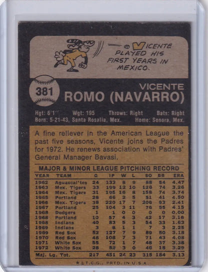 Vintage baseball card back of Vicente Romo San Diego Padres Topps Baseball 1973