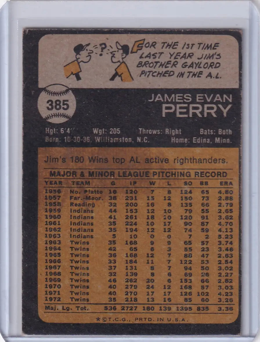 Vintage baseball card back featuring Jim Perry of the Minnesota Twins from Topps Baseball 1973