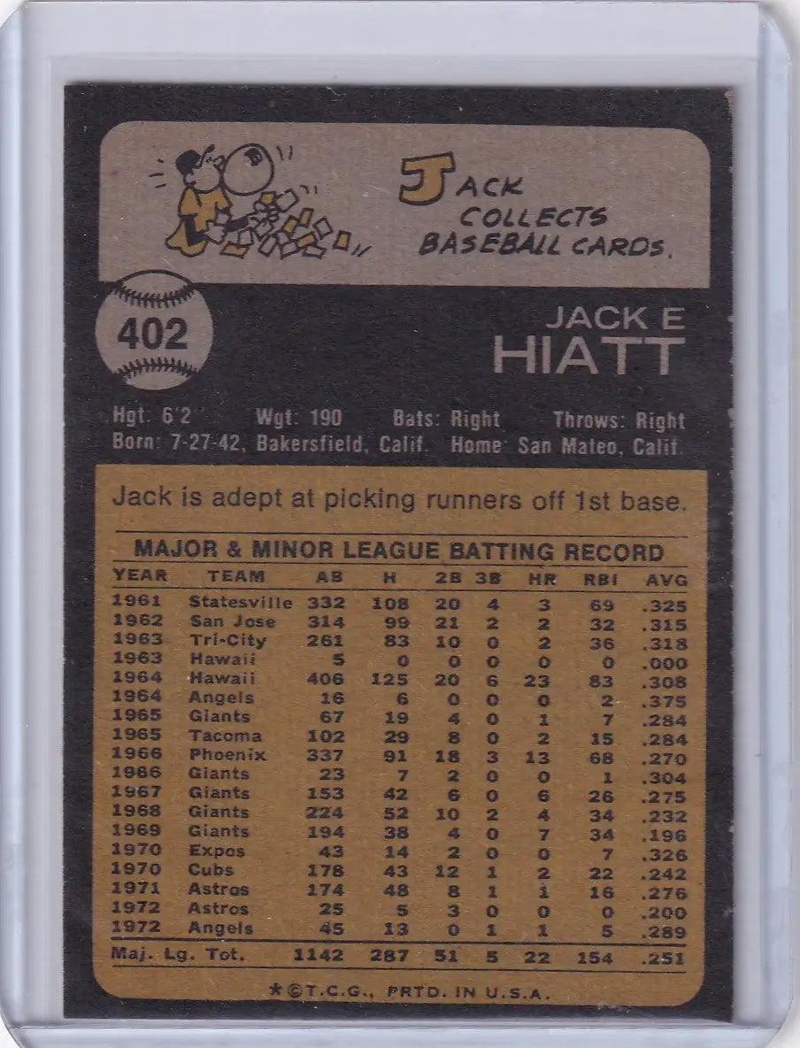 Vintage baseball card featuring Jack Hiatt of the California Angels from 1973 Topps Baseball