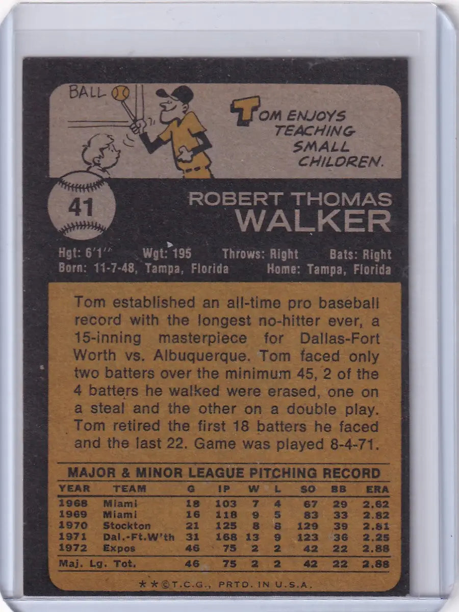Vintage 1973 Topps Baseball card of Tom Walker featuring the Montreal Expos RC