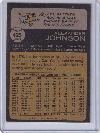 Vintage baseball card featuring Alex Johnson of the Cleveland Indians from 1973 Topps Baseball