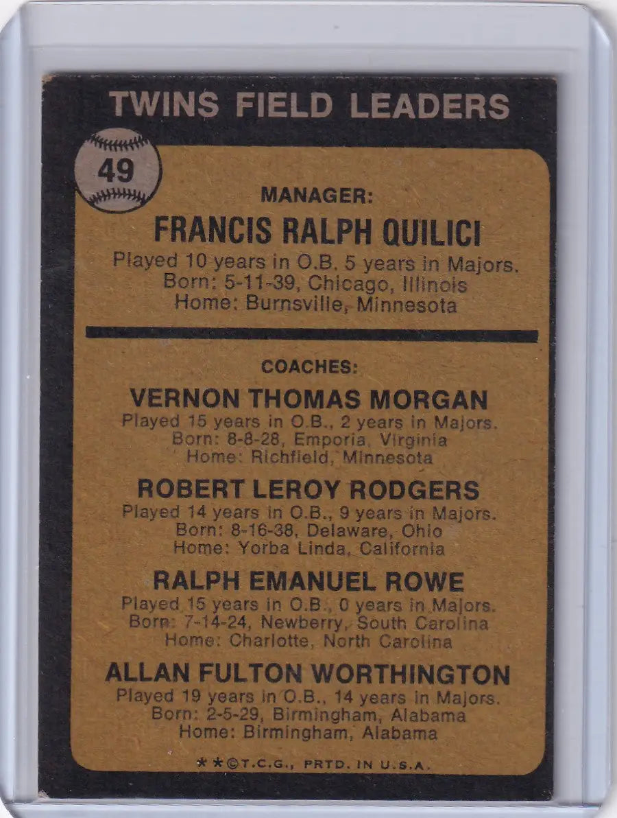 Vintage baseball card featuring 1973 Topps #49 Quilici Rowe Morgan Rodger Worthington