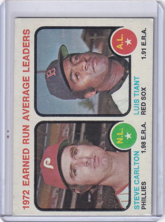 1972 Topps Baseball card featuring Era Leaders Steve Carlton and Luis Tiant