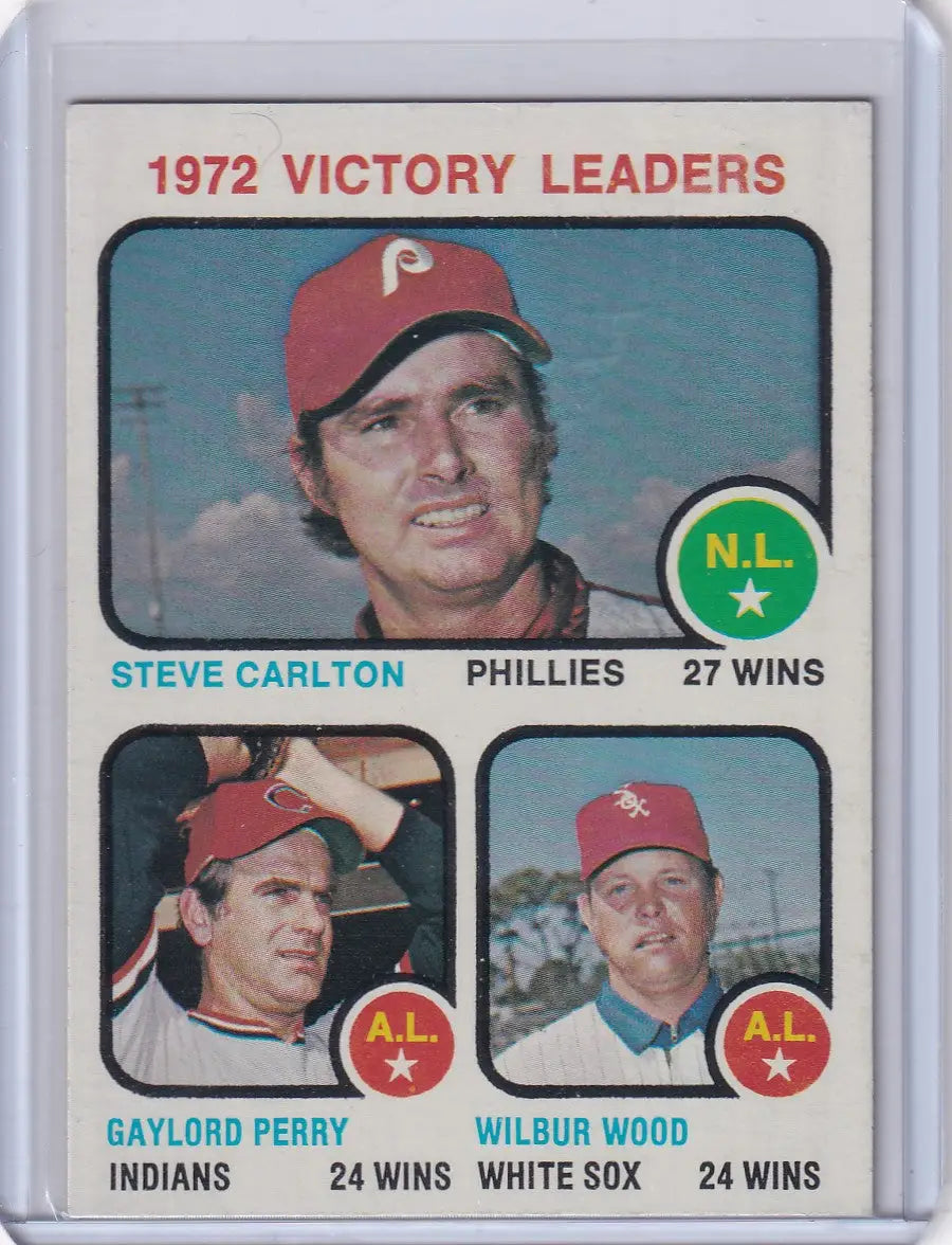 1972 Baseball Card showcasing Steve Carlton, Gaylord Perry, and Wood from 1973 Topps