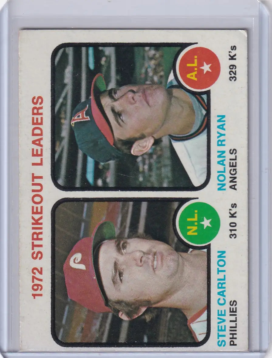 1973 Topps Baseball #67 card of Steve Carlton and Nolan Ryan, 1972 Strikeout Leaders