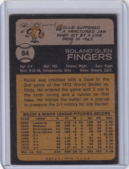 Vintage 1973 Topps Baseball #84 Rollie Fingers card featuring Oakland Athletics legend