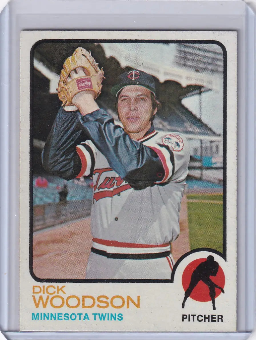 1973 Topps Baseball card featuring Dick Woodson of the Minnesota Twins