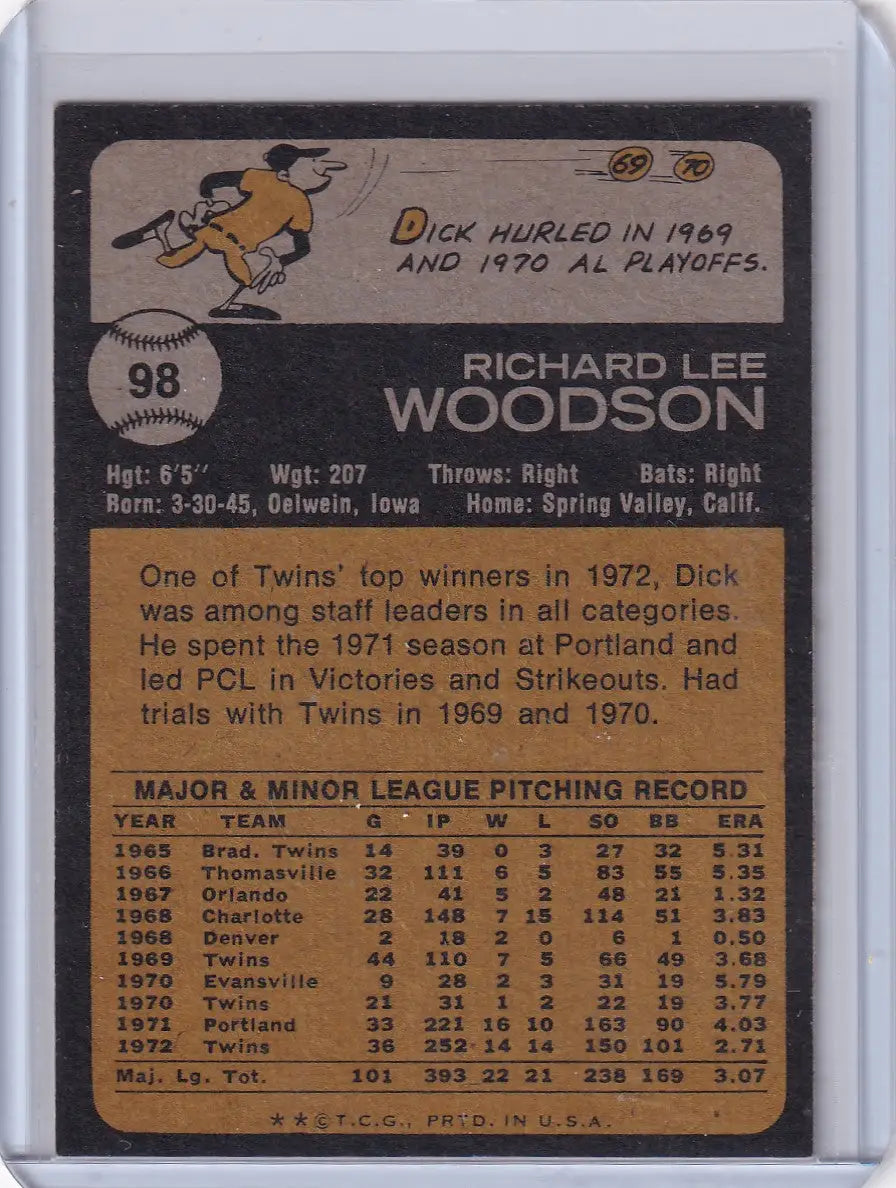 1973 Topps Baseball #98 Dick Woodson Minnesota Twins player card collectible