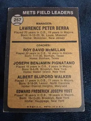 1973 Topps - Yogi Berra R. McMillan E. Yost Al Walker J. Pignatano #257. VG+ - Baseball Card Single