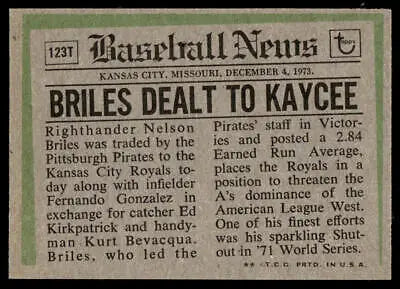 Vintage baseball news clipping of Nelson Briles Traded and Topps 123T Nelson
