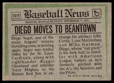 Vintage baseball news card of 1974 Topps 151T Diego Segui Traded collectible