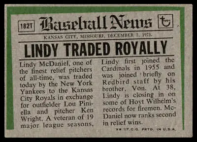 Vintage baseball news card featuring Lindy McDaniel Traded from Kansas City Royals