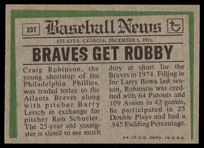 Vintage 1974 Topps 23T Craig Robinson Traded baseball card on display