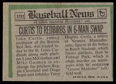 Baseball news clipping of 1974 Topps 373T John Curtis Traded baseball card