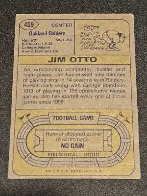 Vintage Jim Otto football card from 1974 Topps #409 featuring classic Jim Otto memorabilia
