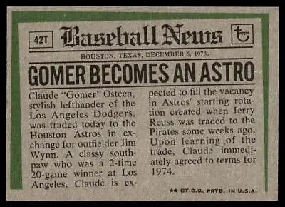 Baseball news clipping featuring 1974 Topps 42T Claude Osteen Traded card
