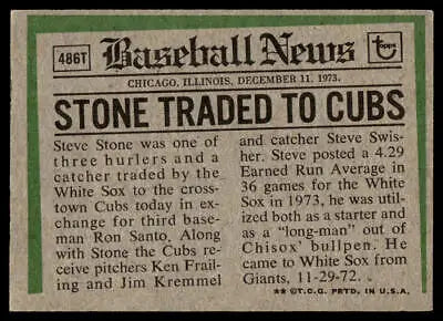 Baseball news card of 1974 Topps 486T Steve Stone Traded for collectors and fans