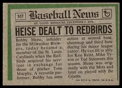 Baseball news clipping featuring 1974 Topps 51T Bobby Heise Traded card