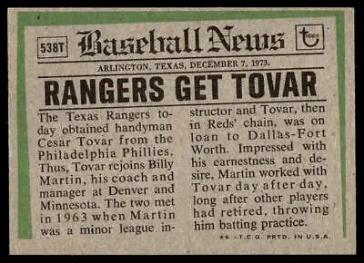 Baseball news clipping featuring 1974 Topps #538T Cesar Tovar Traded Texas Rangers card
