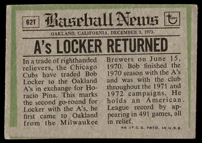 Baseball news card featuring 1974 Topps 62T Bob Locker Traded collectible item