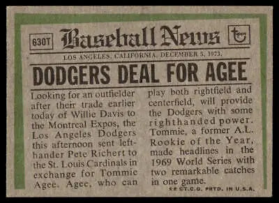 Vintage baseball news clipping featuring Tommie Agee and the 630T Tommie Agee Traded card