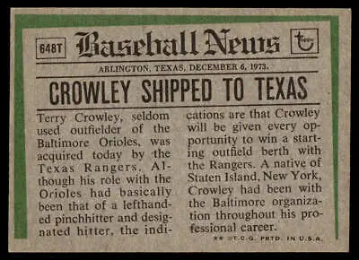 Vintage 1974 Topps 648T Terry Crowley Traded baseball card collectible
