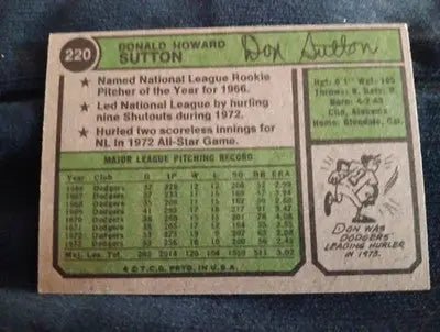 1974 Topps - Don Sutton #220. Dodgers. EX - Baseball Card Single